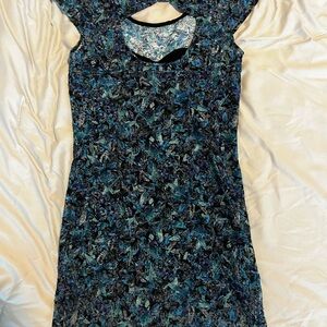 Free People Blue Teal and Black Sheath Dress with Flutter Cap Sleeves